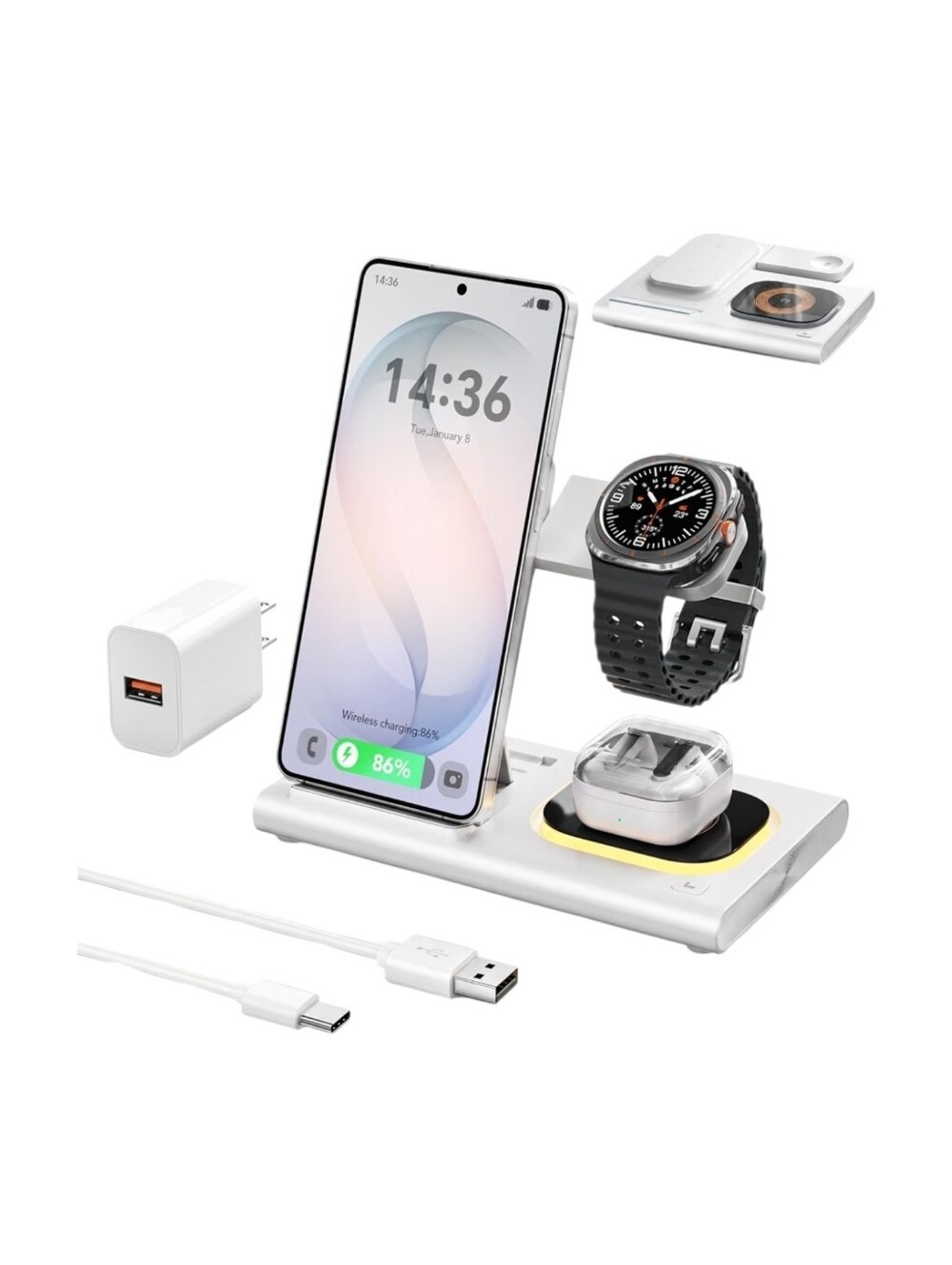 3-in-1 Wireless Charging Station for Phone, Watch & Earbuds - White